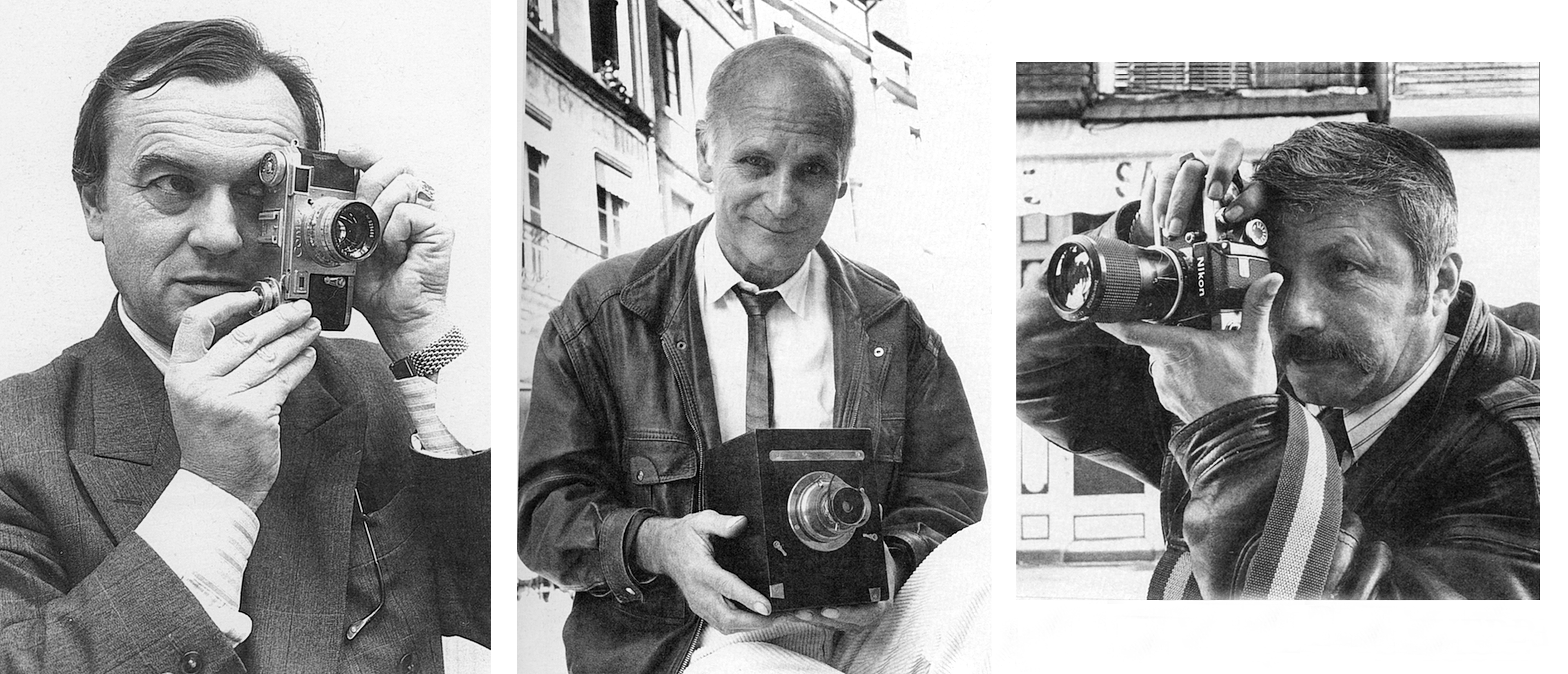 Les trois fondateurs du Club Niépce Daguerre - Jean-Marie Prades avec un Contax, Henri Peyron avec une chambre 9x12, Paul Montialoux amateur de Nikons - Photo Patrick Ghnassïa 1989